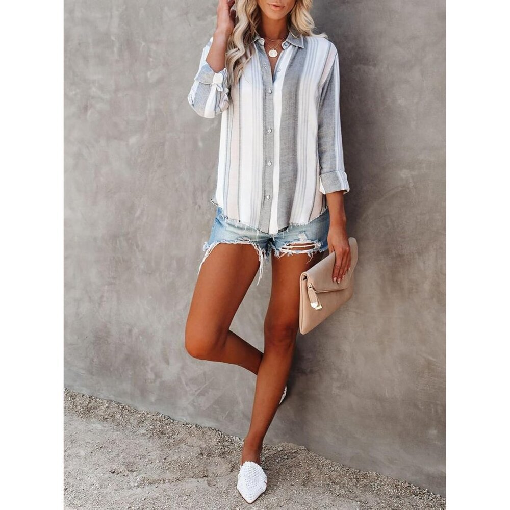 Women's Striped Linen Cotton Long Sleeve Button Down Blouse Casual Chic - Picture 4 of 4